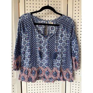 Hollister Women's Small Boho Tassel Cropped Blouse 3/4 SLV Blue Peach